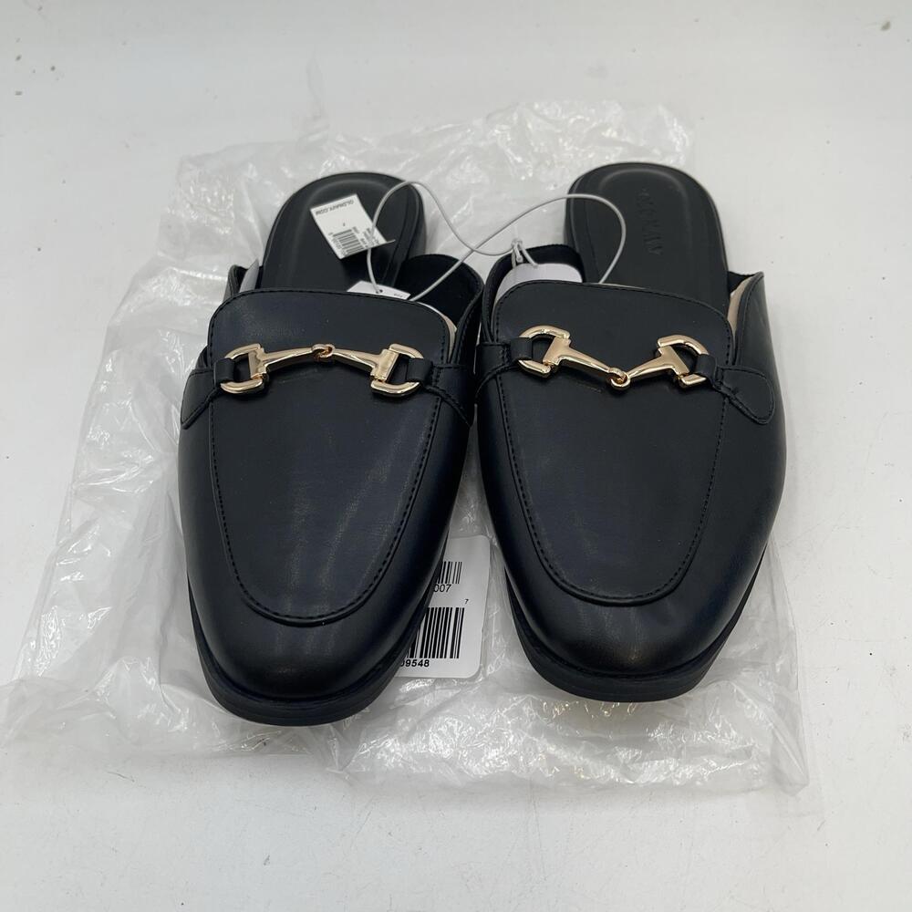 Time And Tru Loafer Flats Shoes Womens Black Buckle Mule Square Toe Size 7